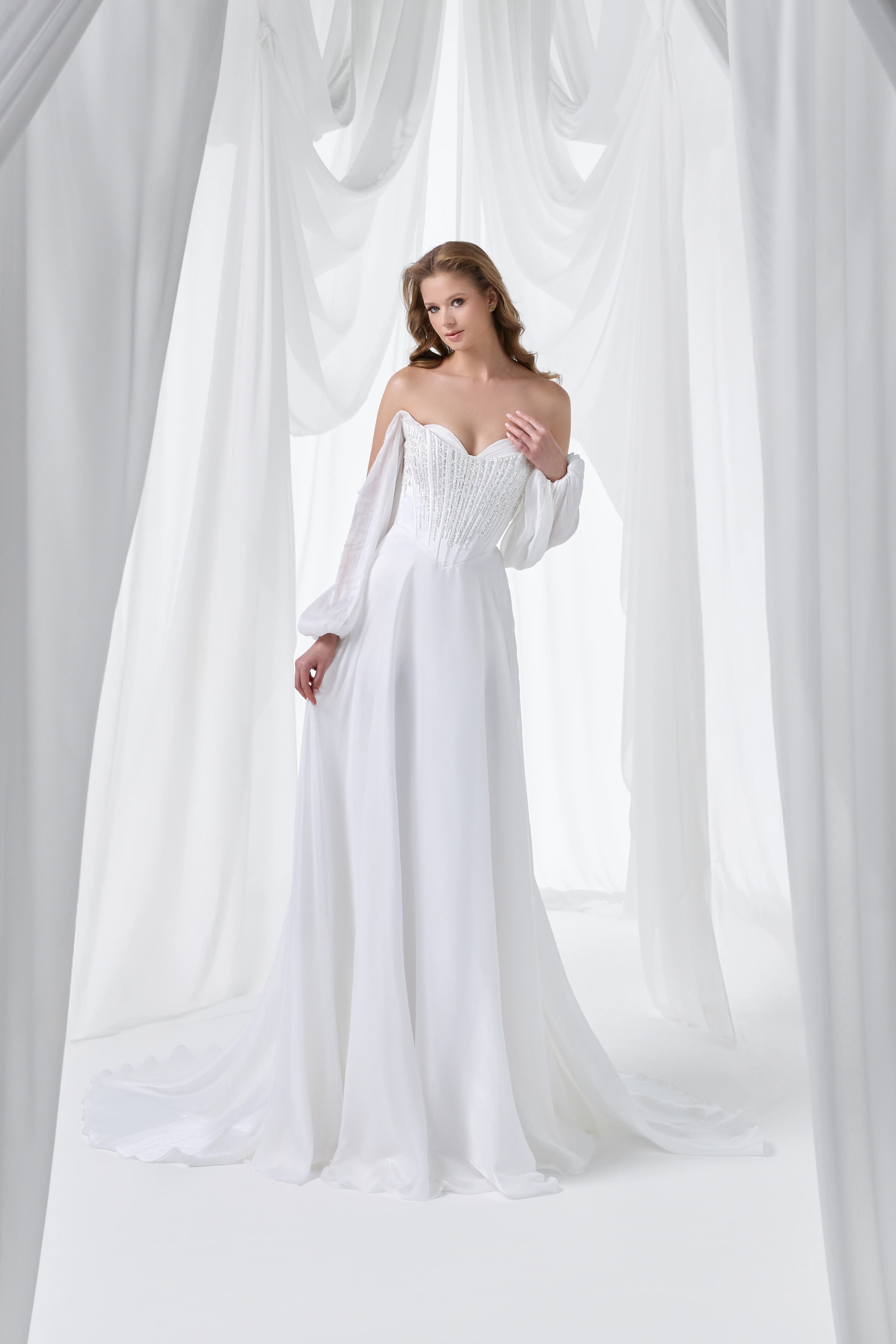 Korse Detaylı, Kollu, Organze Kumaş Elbise