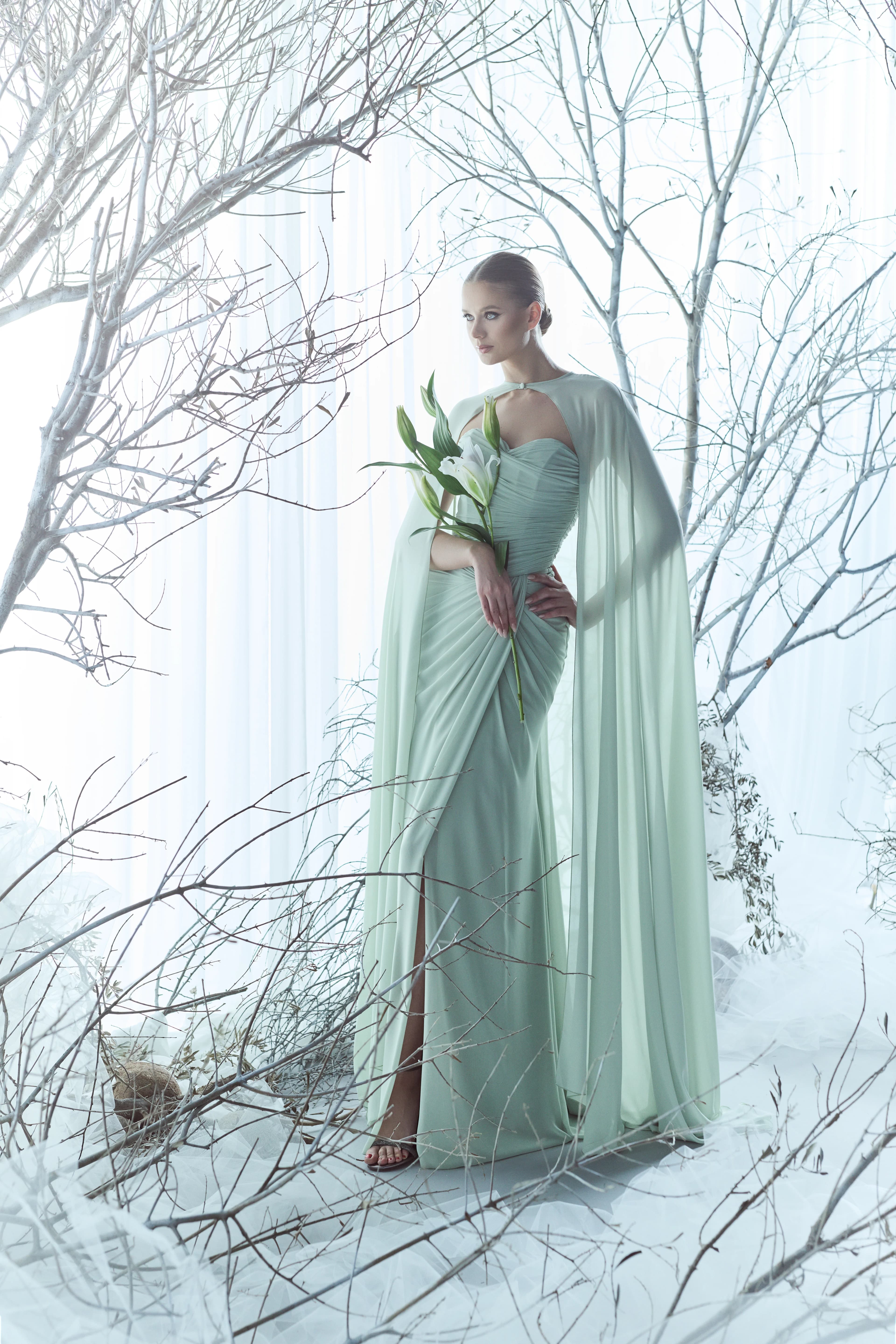 Pelerini Drapeli Şifon Elbise